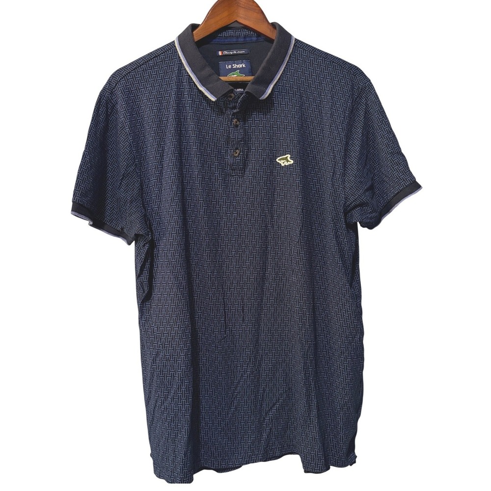 Le Shark Mens XXL Navy Blue Geometric Pattern Short Sleeve Cotton Polo Shirt
